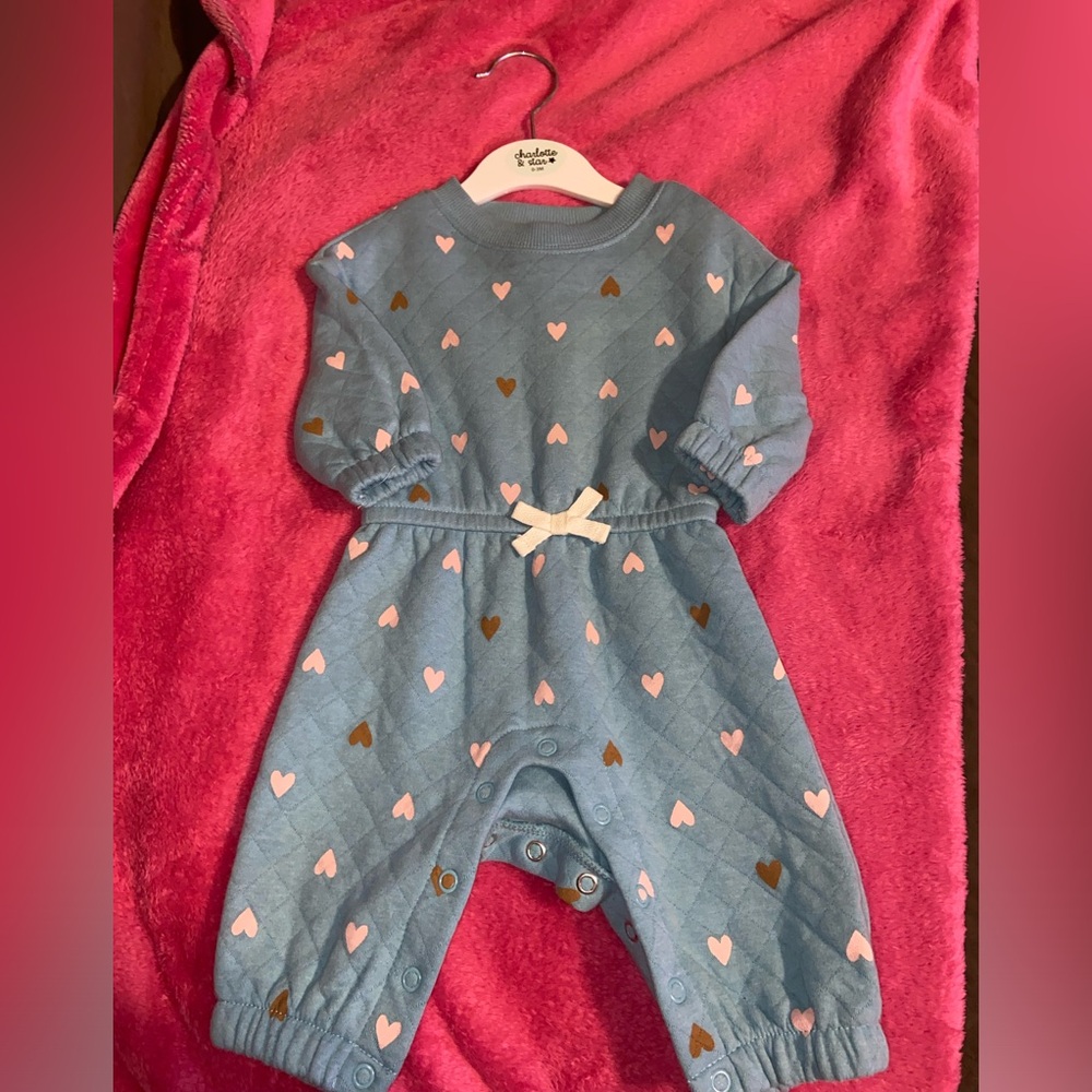 Carter's Blue Romper with Pink and Brown Hearts